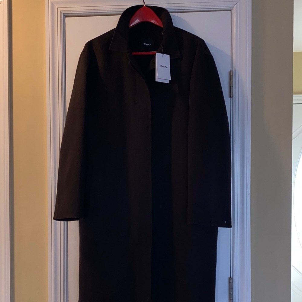 Theory Wool Cashmere Timeless Unisex Coat in Very Dark Chocolate Brown NWT